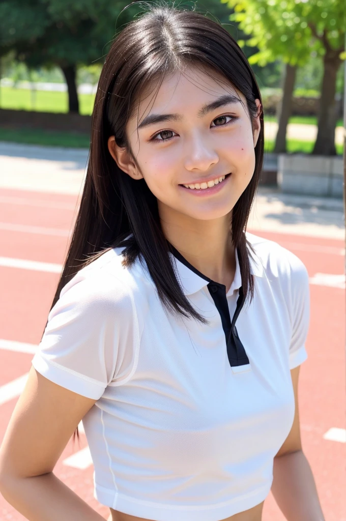 High-quality 4K、Japanese idol face、１girl、realistic depiction、Healthy tanned skin、athlete style、shoulder length hair、black hair、medium meat、smile、wearing a white track and field uniform、droopy eyes、upper grade、straight eyebrows、natural makeup、have moderate abdominal muscles、