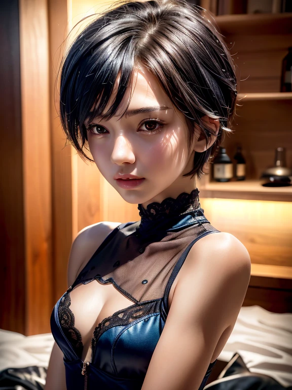 (best quality, 8K, ultra-detailed:1.2), realistic, woman in her 30s, alone, tomboy, ultra-detailed face, rim lighting, upper body, blue black pixie cut hair, (small bust:1.5), body suit made of leather material, with a jacket