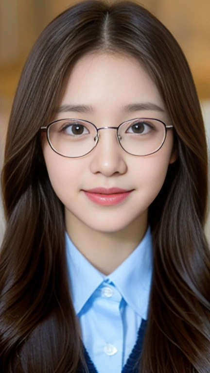 a beautiful girl，Highest quality，Beautiful graphics，big bright eyes，long eyelashes，Long brown hair shawl，perfect facial features，Clear face，Delicate lips，Smile，white school uniform，Wear glasses，panoramic shot。（standing