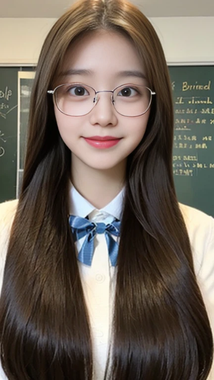 a beautiful girl,Highest quality,Beautiful graphics,big bright eyes,long eyelashes,Long brown hair shawl,perfect facial features,Clear face,Delicate lips,Smile,white school uniform,Wear glasses,panoramic shot。(standing
