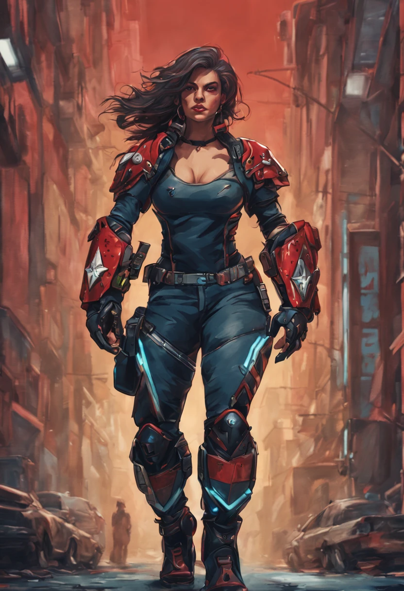 ((maximum quality、8k、32K、obra-prima、nffsw:1.3)), (Superfine illustration)、(Super high resolution), (((corpo adulto))), (((1 garota em))), ((( Bob Cabelo Curto ))), Gladiador cyberpunk de 25 anos com um corpo perfeito, shoulder pads with metal spines, Gladiadores em Brooklyn, (( Bob Cabelo Curto )), Calcinha de couro pequena, Camisa rasgada do time de rugby, Quase nu no estilo selvagem urbano de Simon Bisley, cabelo loiro curto, minimal clothing, Metal protection on the left arm with complex graphics, Vermelho escuro com estrelas brancas e listras azuis e brancas, Armadura, Cheio de pontas e rebites, Tatuagem venenosa (((Imagem do joelho para cima))), cabelos loiros brancos curtos, no fundo、 There is a wall with an intricate design painted by Shepard Fairey