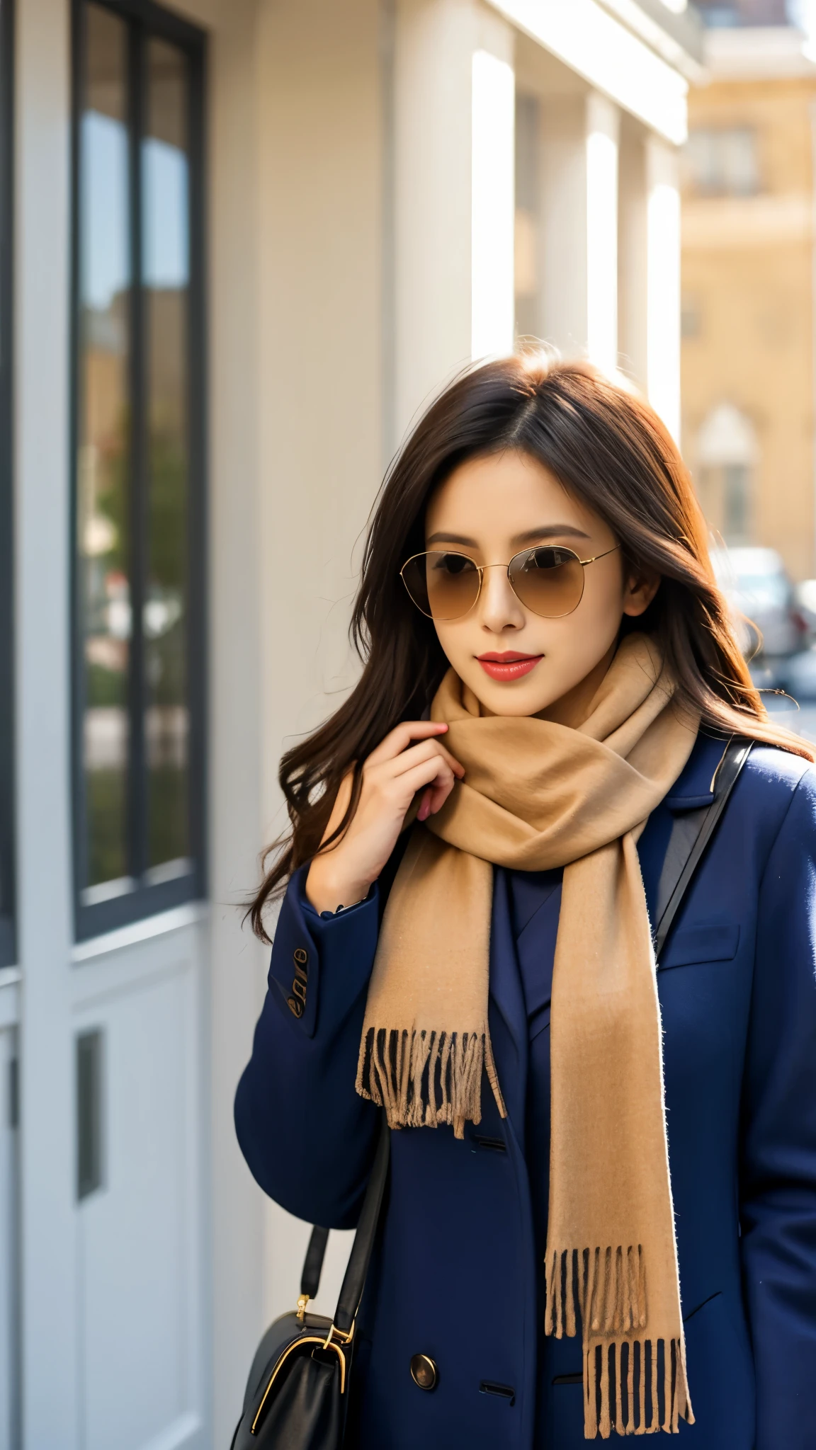 a woman with sunglasses and a scarf,