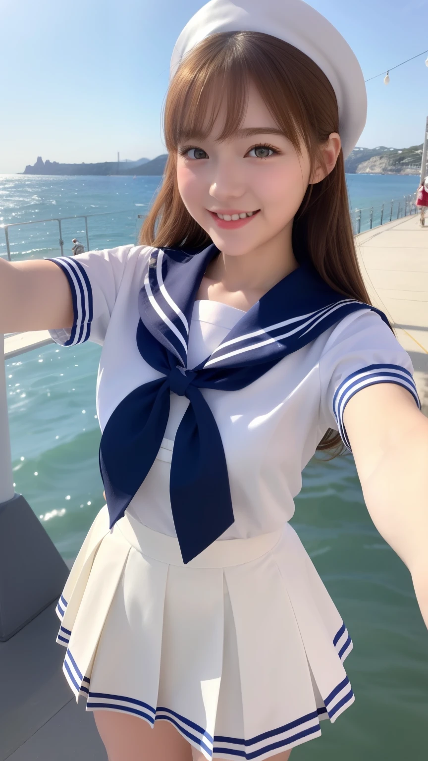1girl in、Best Quality、Very cute、A smile、white sailor uniform、Very cute、glad looking face、Brown or Golden head hair、black skirt、beautiful eyes、20 years old、selfie、sunshine、Napoli、seaside、3D rendering
