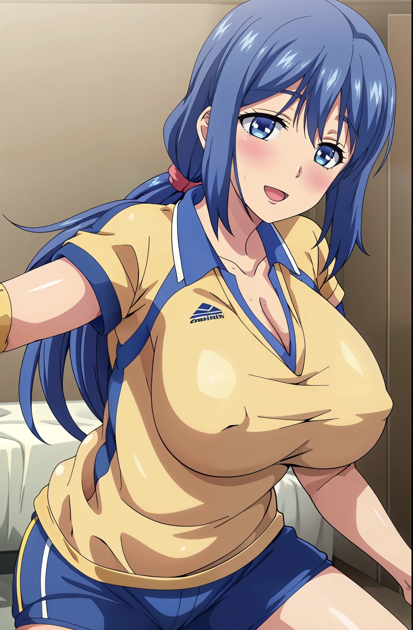 master piece, 1girl, solo, long hair, blush, large breasts, :d, yellow shirt, cleavage, blue hair, ponytail, black shorts, huge breasts, covered nipples, black shorts, bedroom, bike shorts, impossible clothes, sportswear, blue hair, blue eyes, , taut clothes, taut shirt, elbow pads, impossible shirt, volleyball uniform,