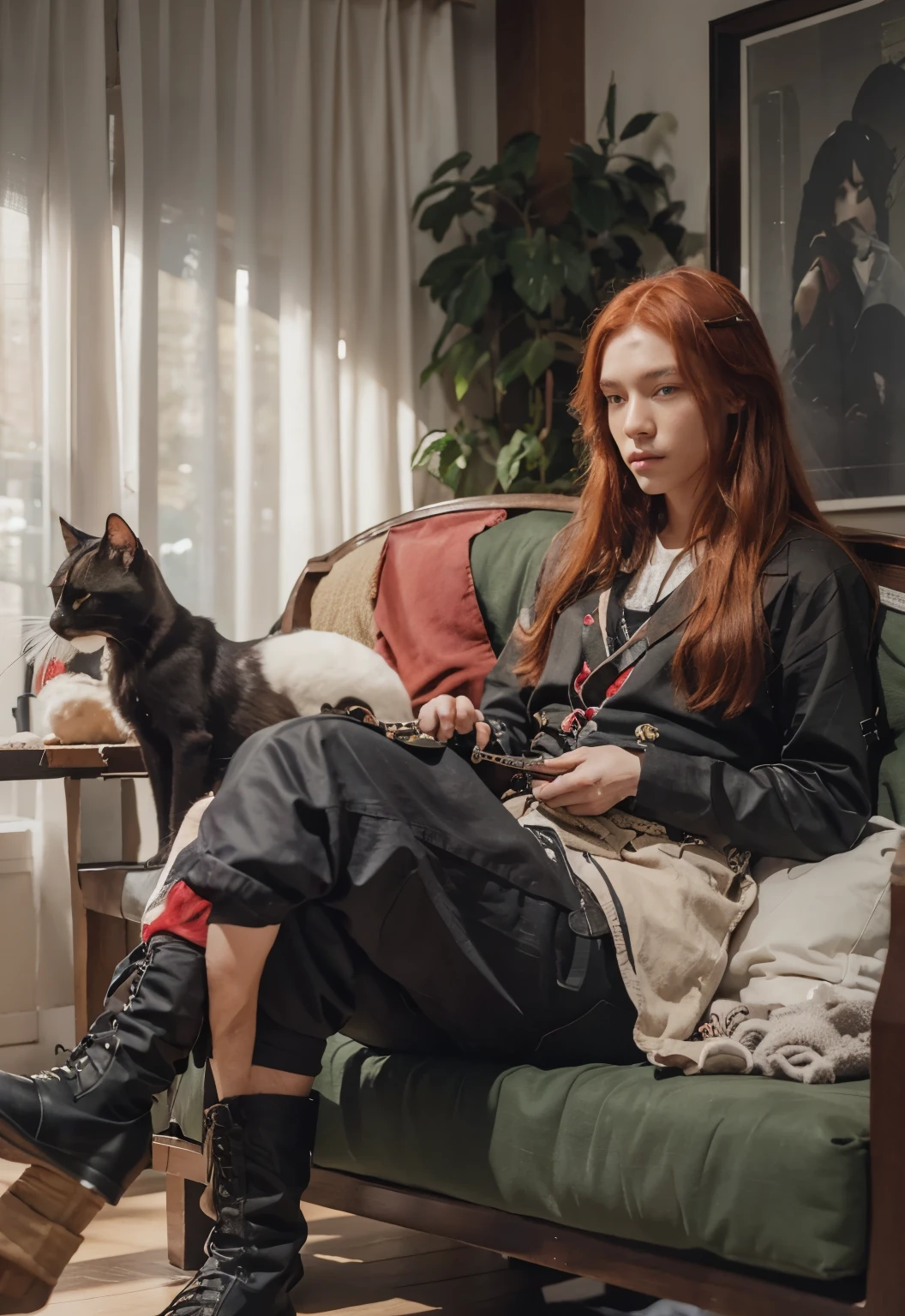 there were two male humans, one had long red hair, was sitting in war commander's clothes with a flat expression, Cale henituse. and the other had black hair, wearing black military clothes, standing and turning around while holding a sword, choi han. there are two cats, the one sitting on the white sofa, hong, and the one clinging to the red hair man hand, on.  and there is a small black dragon eating apple pie, raon.