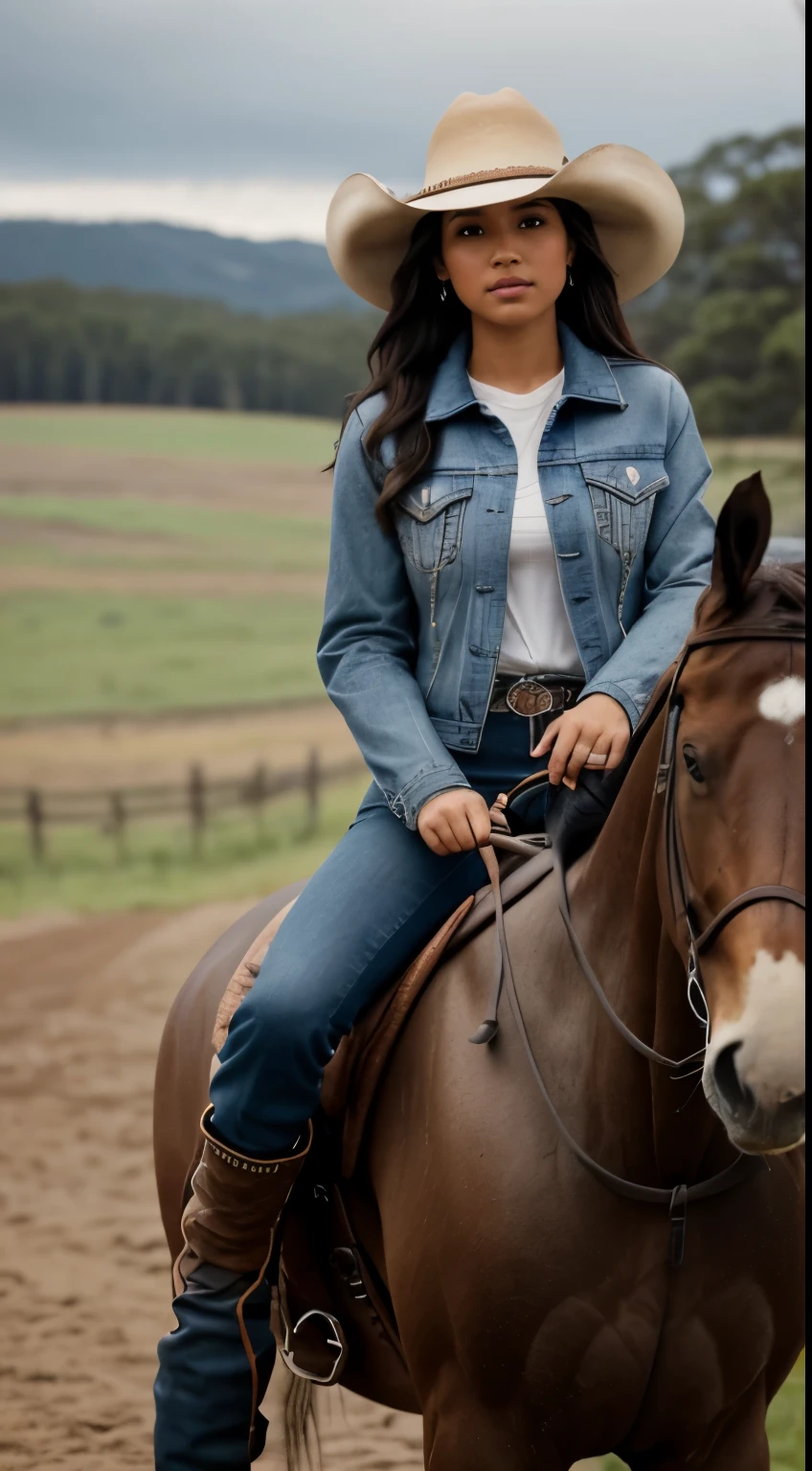 Foto hiperrealista en primer plano de Kelsey Asbille (native American ((light dark skin))) wearing dirty cloths (jeans jacket:1.1) and (blue pants:1.1), (boots:1.2), (cowboy hat) on the ranch, grey day, riding a horse, cinematic light, beautiful woman, skinny, large big breasts, black long hair, detailed face, facing the camera, photo taken from a distance, age of 25 years old, camera filter on pastel gray colors,, grey filter on camera, she is riding a horse, perfect proportions, horse riding horse riding