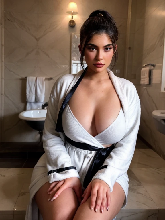 "A beautiful 24-year-old Caucasian woman with long black hair is standing in her modern bathroom. She is wearing a white bathrobe over black lingerie and her lightly tanned skin is highlighted by the soft white lighting of the bathroom. The bathroom features elegant "A Contemporary decor with clean lines, a large mirror and elegant accessories. The image should be very realistic, taken with a professional camera, capturing every detail, from the textures of your bathrobe and black lingerie to the polished surfaces of the bathroom, body thicc, PAWG, smilling face