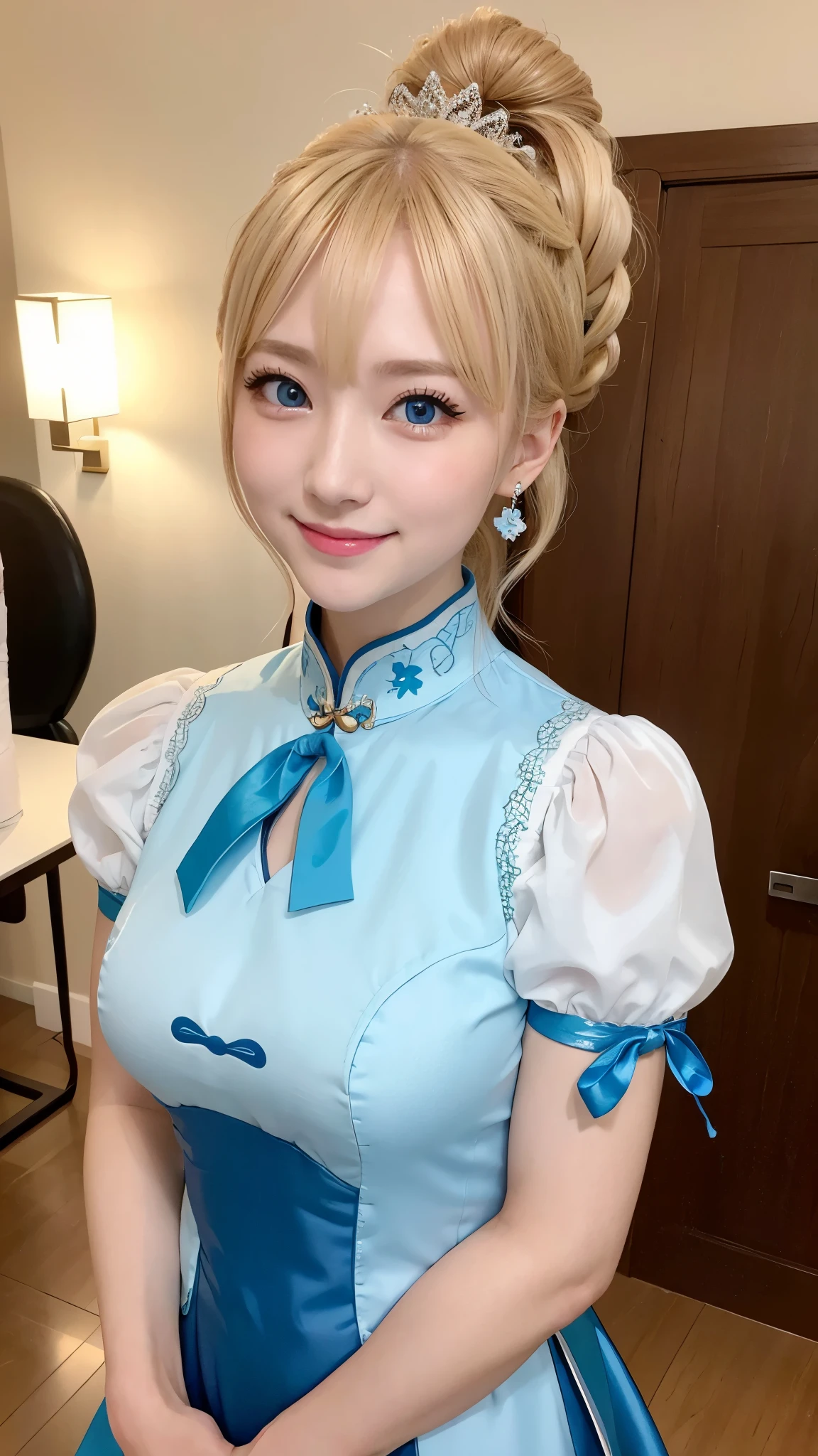 she is cosplaying as a princess、blonde short、smile、blue eyes、colorful and flashy cheongsam、ponytail
