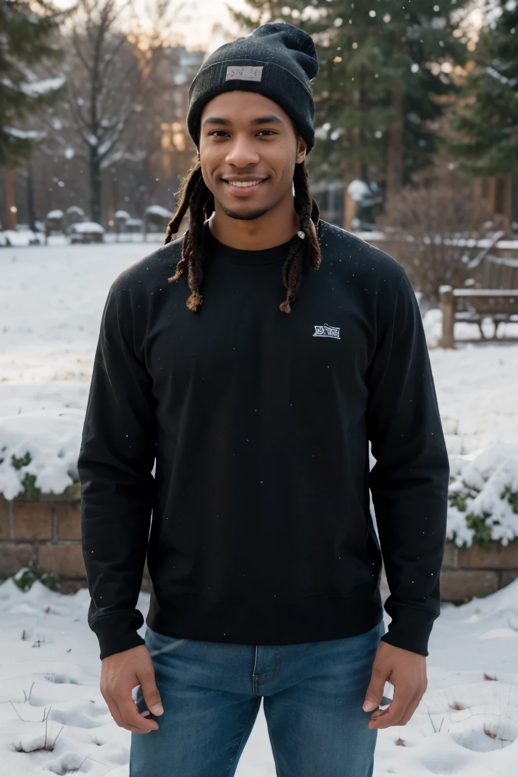 ((perfect photograph)), ((realistic)), ((8k)), (perfect face), gorgeous black man with dreadlock hair, wearing a straight long black long sleeve t-shirt and dark jeans and a beanie, standing towards the camera, snowing, torso facing camera, wearing black gloves, outdoors, lots of light, smiling, large dark oak trees, lots of snow