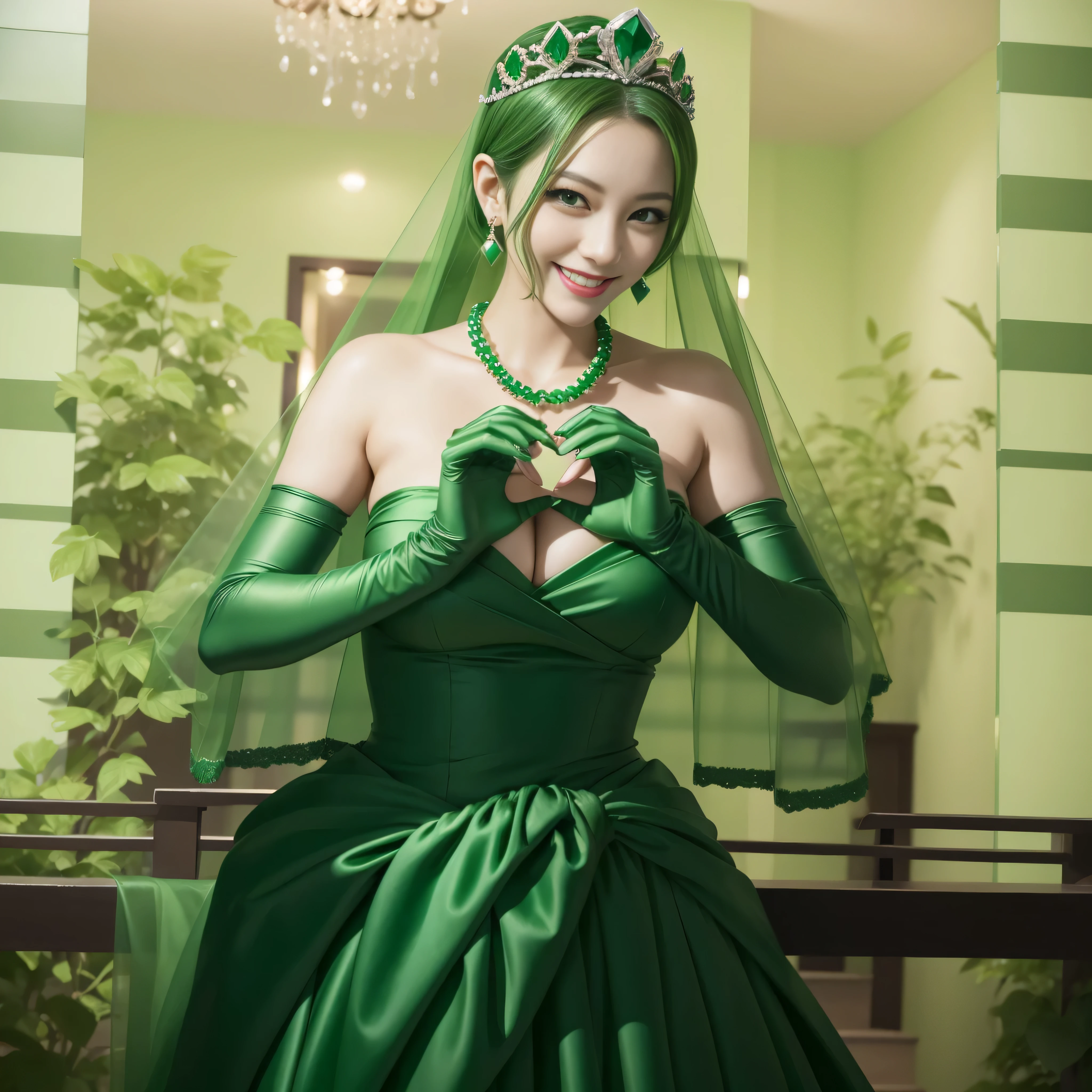 emerald tiara, green pearl necklace, ボーイッシュな非常に短いgreen hair, lipstick, smiling Japanese woman, very short hair, Beauty with large breasts, green eyes, Long Green Satin Gloves, green eyes, emerald earrings, green veil, heart with both hands, green hair
