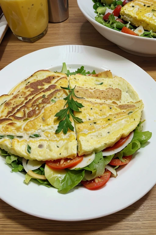 breakfast, healthy food, omelette on the plate, green salad, morning breakfast at home