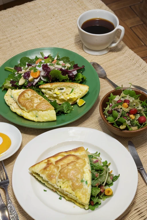 breakfast, healthy food, omelette on the plate, green salad, morning breakfast at home