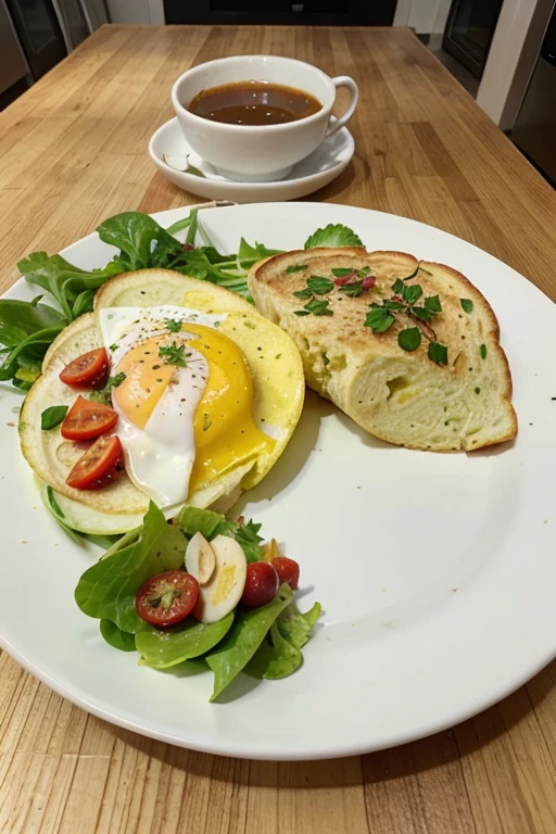 breakfast, healthy food, omelette on the plate, green salad, morning breakfast at home