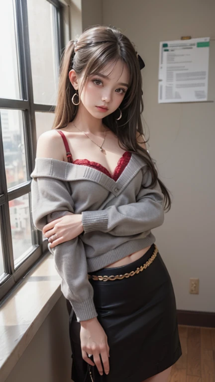 masterpiece,((small girl)),brown eyes, twintails ,brown hair,((off-shoulder gray sweater,red bra)),((spread arms,handcuffs)),((small breasts)), pencil Skirt ,medium long hair,earrings, necklace,sweat, wedding ring