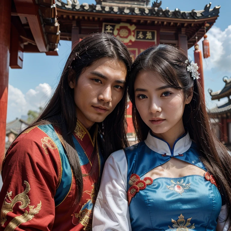 couple,men and women,Long hair,Chinese style,Ancient costume,Martial arts dress-up,fantasy ancient times,dream,Red-black,ancient chinese architecture,Blue sky and white clouds,Close-up photos,looking into camera