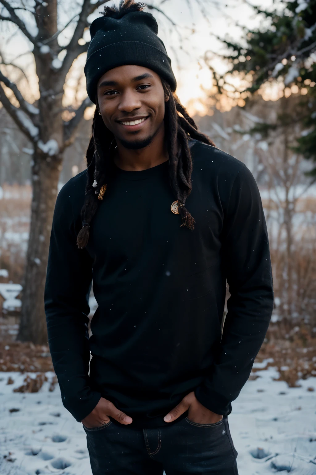 ((perfect photograph)), ((realistic)), ((8k)), (perfect face), gorgeous black man with dreadlock hair, wearing a straight long black long sleeve t-shirt and dark jeans and a beanie, standing towards the camera, snowing, torso facing camera, wearing black gloves, outdoors, lots of light, smiling, large dark oak trees, lots of snow