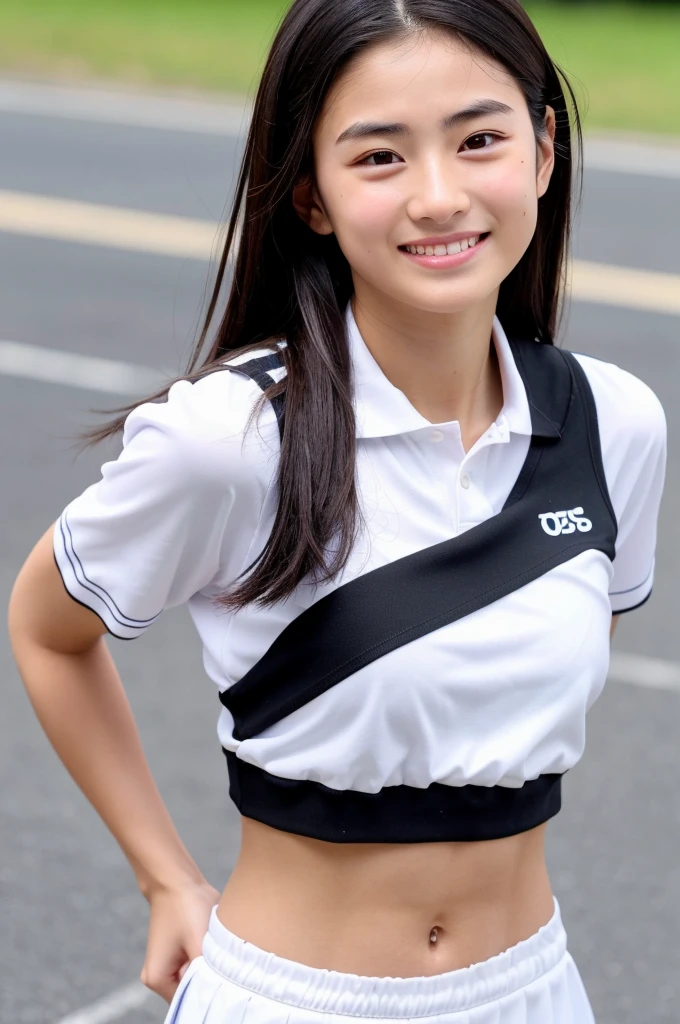 High-quality 4K、realistic depiction、Japanese high school girl、１girl、realistic depiction、Healthy tanned skin、athlete style、shoulder length hair、black hair、smile、wearing a white track and field uniform、drooping eyes、upper grade、straight eyebrows、natural makeup、Muscular and has moderate abdominal muscles、