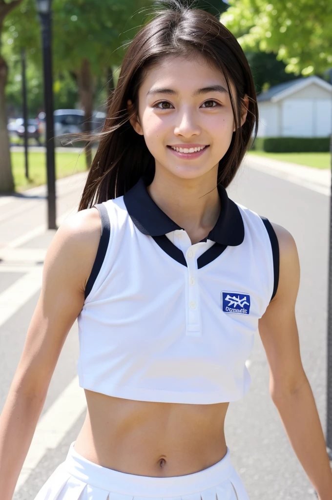 High-quality 4K、realistic depiction、Japanese high school girl、１girl、realistic depiction、Healthy tanned skin、athlete style、shoulder length hair、black hair、smile、wearing a white track and field uniform、drooping eyes、upper grade、straight eyebrows、natural makeup、Muscular and has moderate abdominal muscles、