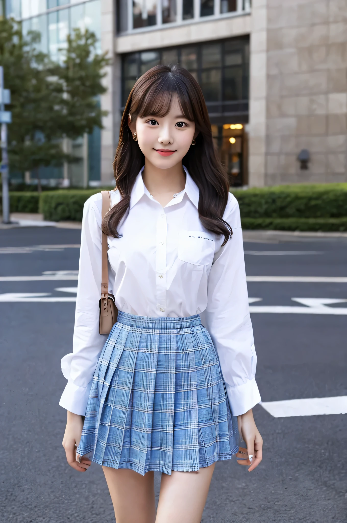 super mini skirt（Blue plaid）An 18-year-old high school girl wearing a white shirt.