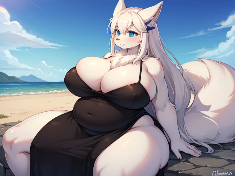 a (solo) (tall:1.2) (morbidly obese) female (reshiram:1.2), reclining against a stone fence, overlooking the sea, (relaxing:1.3), (outside), evening, belly rumble, (background character:1.6), (size difference:1.4), (evening gown:1.3), (slit dress:1.2), fancy, (tight clothing),(bulging breasts:1.2), (blue eyes), (detailed eyes), (huge breasts:1.3), (flabby arms:1.5), (fat neck:1.2), long neck, (double chin:1.3), (chubby cheeks), (hyper thighs), (5 fingers:1.1), furry, anthro, fluffy, (detailed fur:1.2), thick tail, (thick fur), chest tuft, neck tuft, big belly (full-length portrait:1.3), (three-quarter view), (looking at another), by oouna, by taranima, by whooo-ya, (soft shading), (scenery porn) (hourglass figure), (macro:0.2), ussbbw, drooping belly