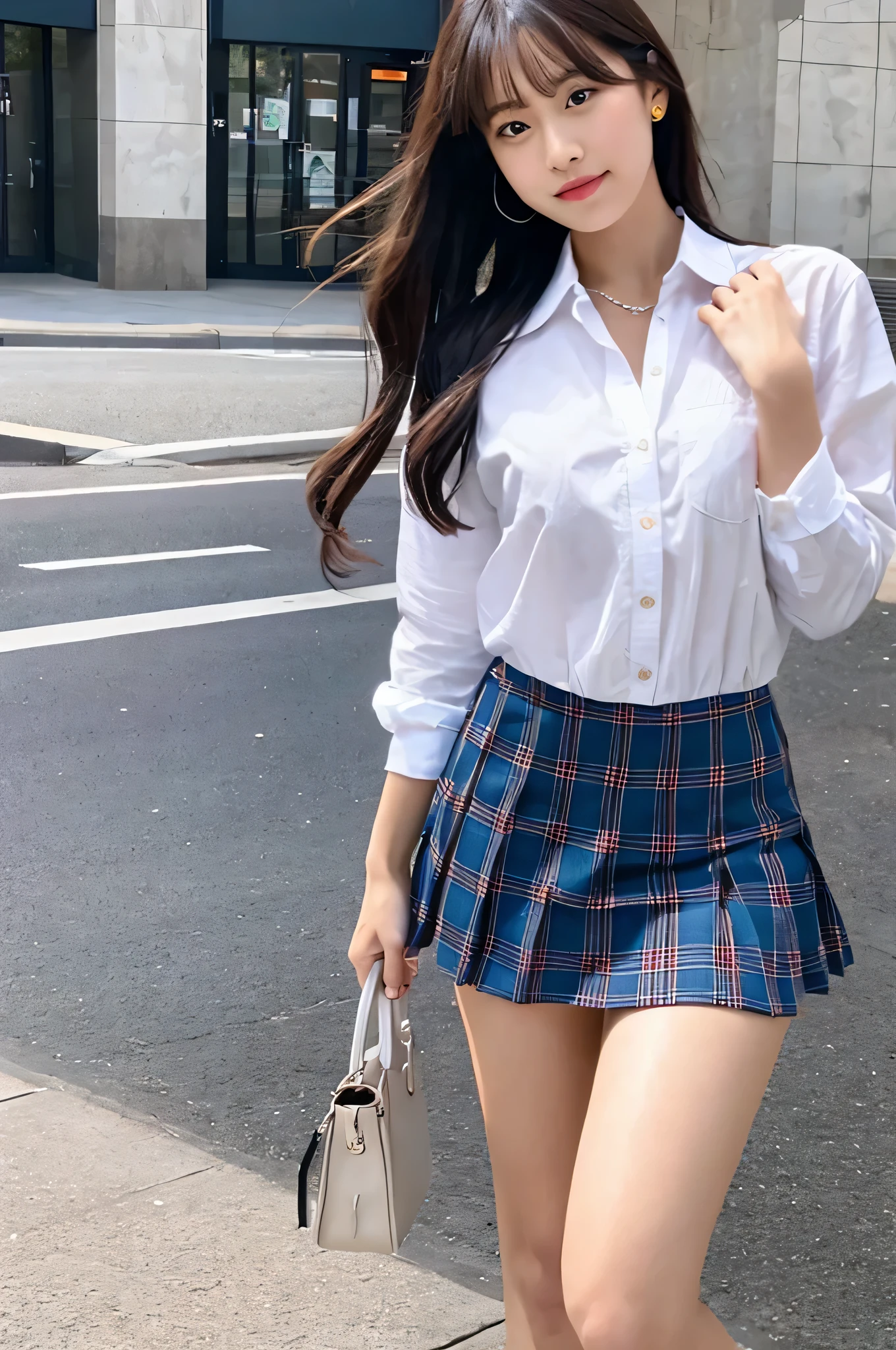 super mini skirt(Blue plaid)An 18-year-old high school girl wearing a white shirt.