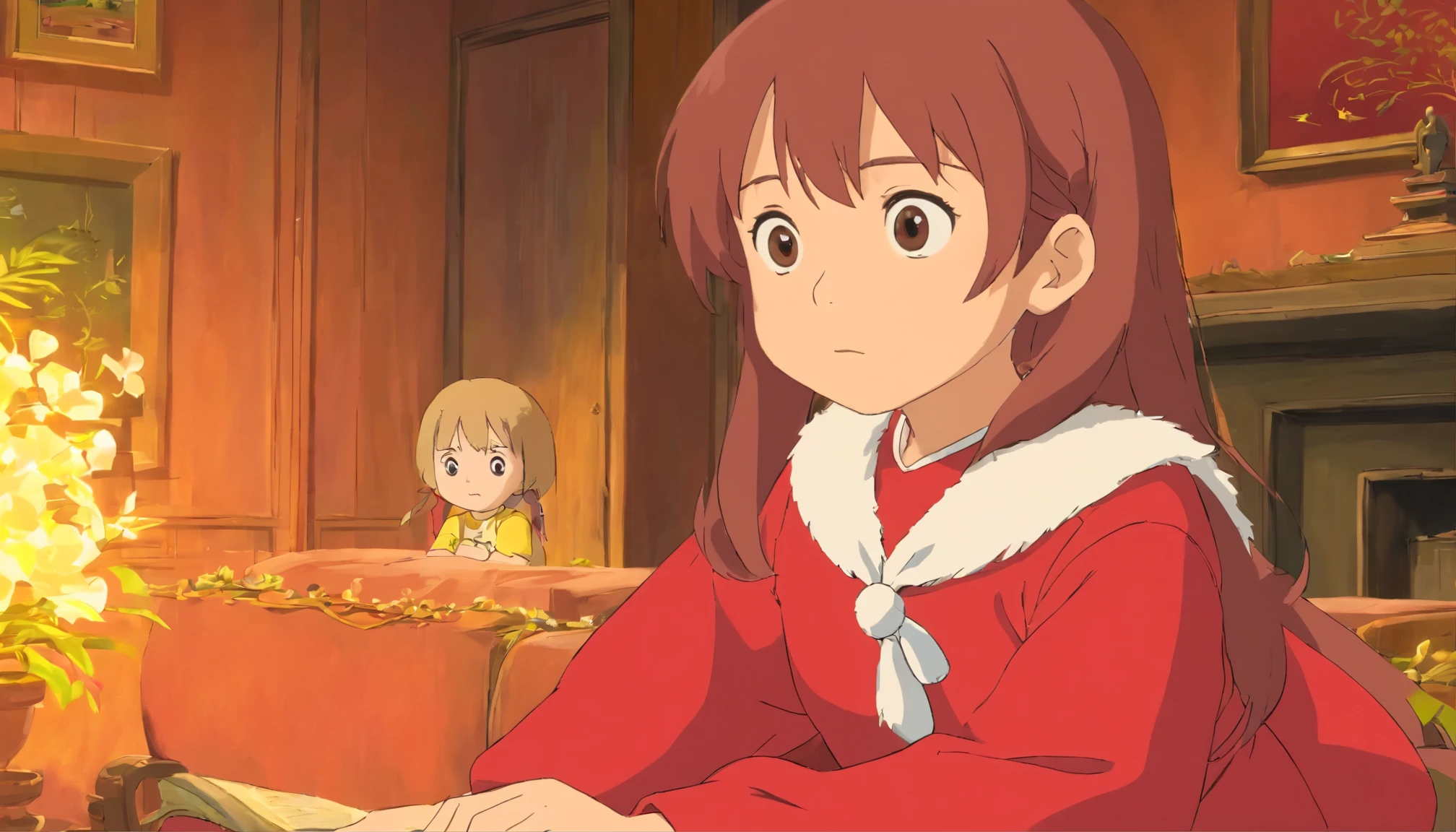 Younger sister。8 year old，one person，red clothes，living room，