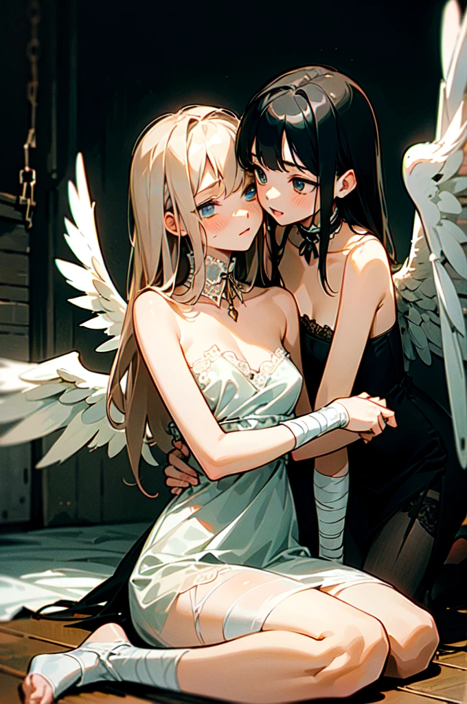 masterpiece , best quality , Two young girls embracing, A very beautiful and charming face, anxious expressions, Sitting on the floor, soiled and torn translucent white lace chemise, (((almost naked))), Collar, shackles, chain restraints, (bandages everywhere), folded angel wings, very dark dirty basement with no light.