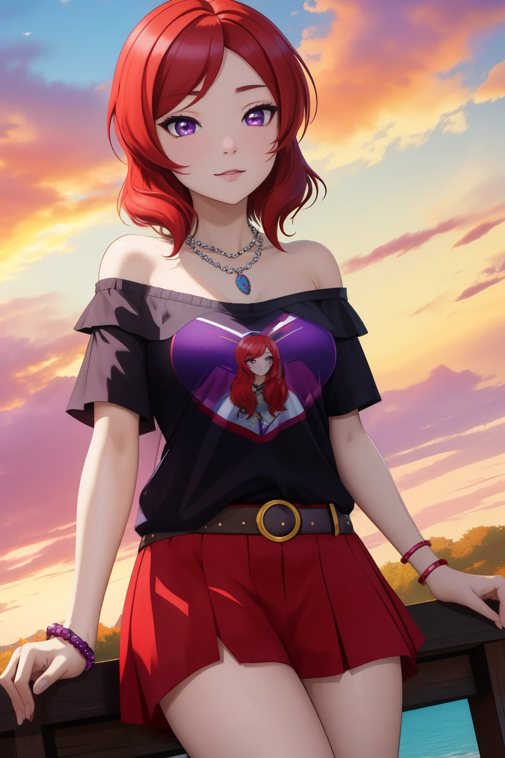 masterpiece, best quality,8k wallpaper, nishikino maki,off shoulder t-shirt,skart, necklace,wrist band , purple eyes 