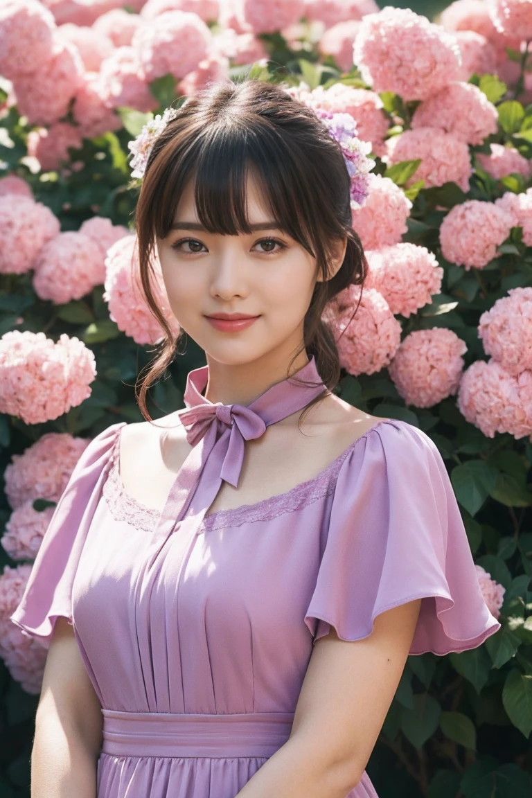 Medium view, medium shot, Depth of bounds written, bust, Upper body, cinematic angle, masterpiece, highest quality, Super detailed, cg, 8k wallpaper, beautiful face, delicate eyes, maiden, alone, smile, bangs, skirt, shirt, have, purple dress, bow, petal, bouquet