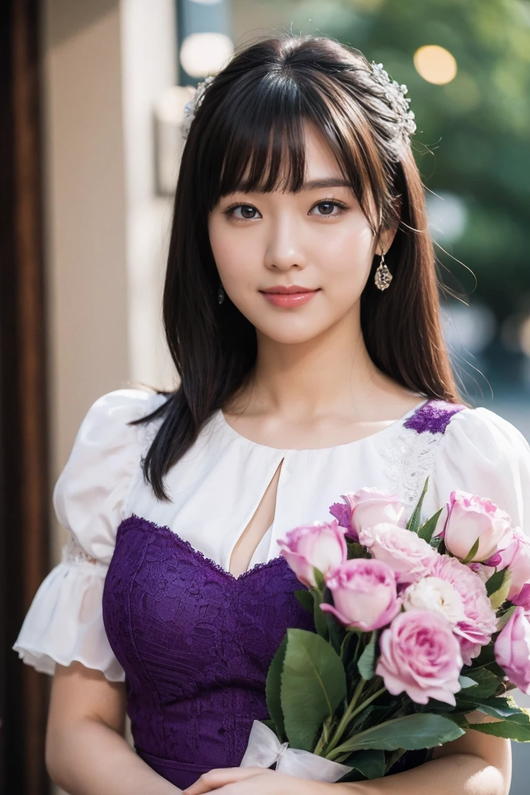 Medium view, medium shot, Depth of bounds written, bust, Upper body, cinematic angle, masterpiece, highest quality, Super detailed, cg, 8k wallpaper, beautiful face, delicate eyes, maiden, alone, smile, bangs, skirt, shirt, have, purple dress, bow, petal, bouquet