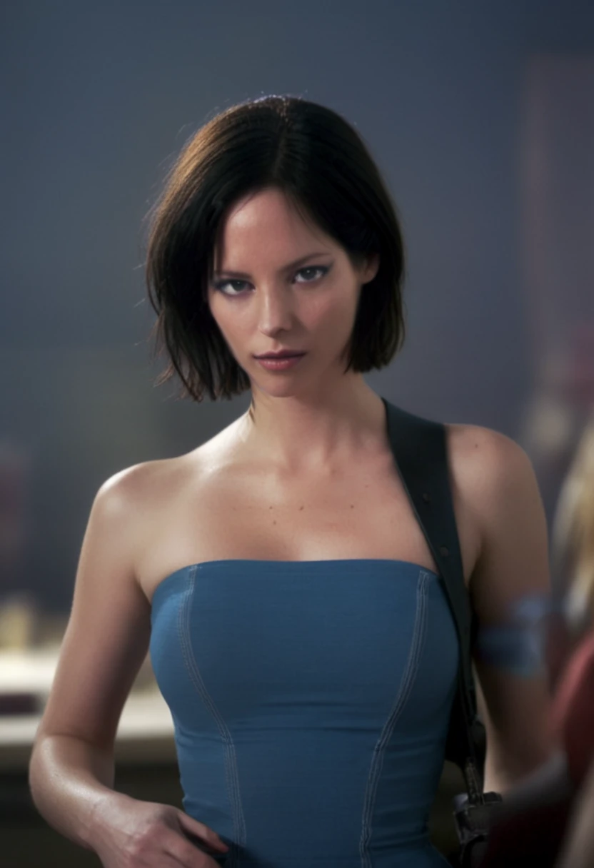 candid photograph of (JillVApocalypse), wearing a blue strapless shirt, Sienna Guillory, Black hair, detailed face, highly detailed, high budget, bokeh, cinemascope, moody, epic, gorgeous, film grain, grainy, close-up shot, Canon M50, Black Boots, full body