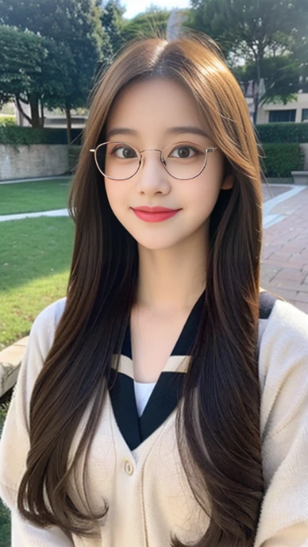 a beautiful girl,Highest quality,Beautiful graphics,big bright eyes,long eyelashes,Long brown hair shawl,perfect facial features,Clear face,Delicate lips,Smile,white school uniform,Wear glasses,panoramic shot。(standing
