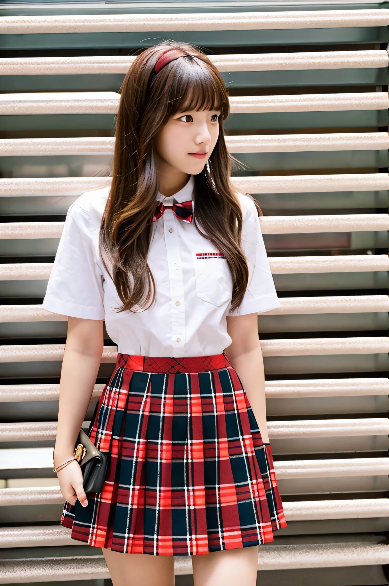 super mini skirt(Red plaid)An 18-year-old high school girl wearing a white shirt.