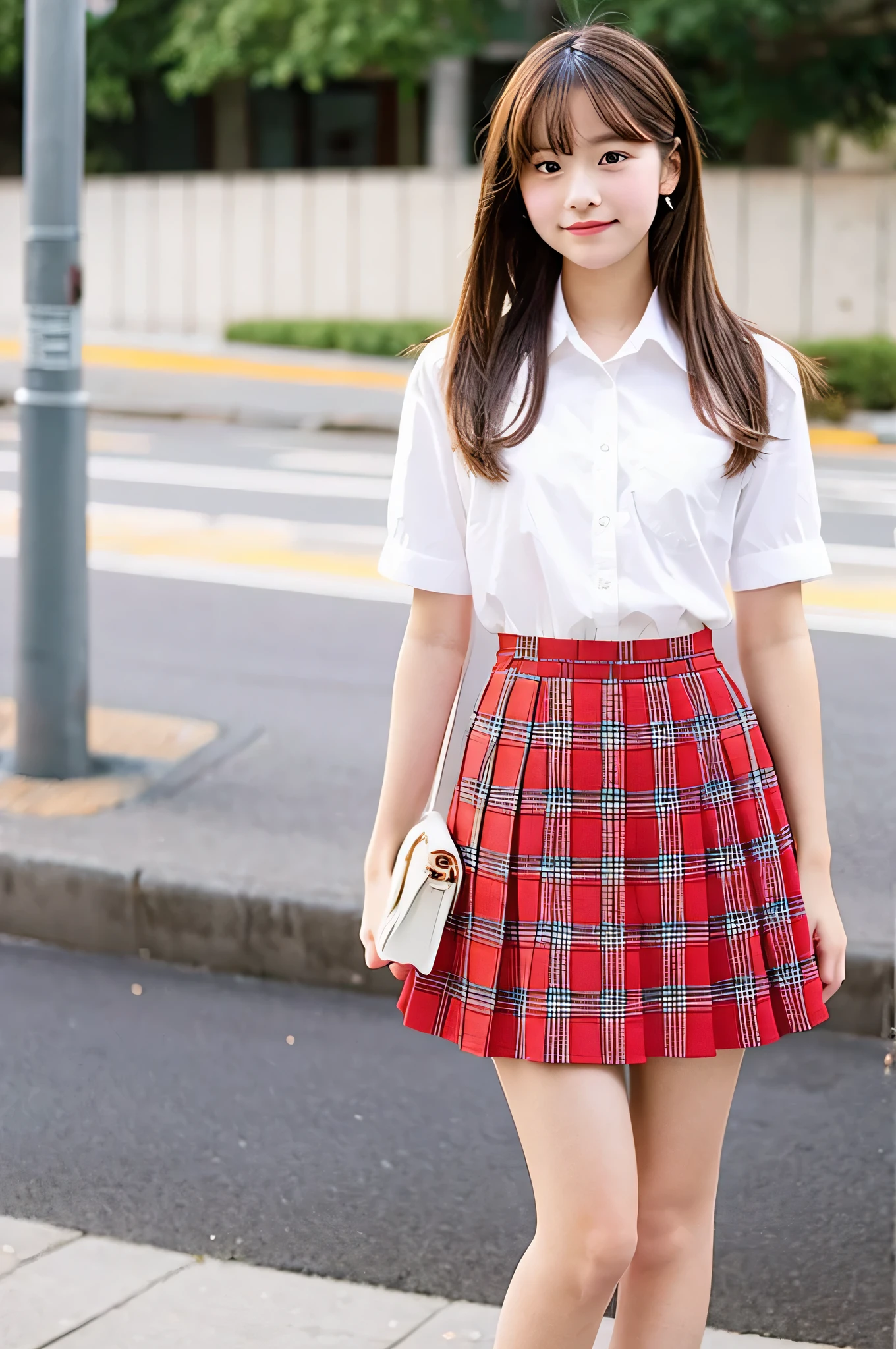 super mini skirt(Red plaid)An 18-year-old high school girl wearing a white shirt.