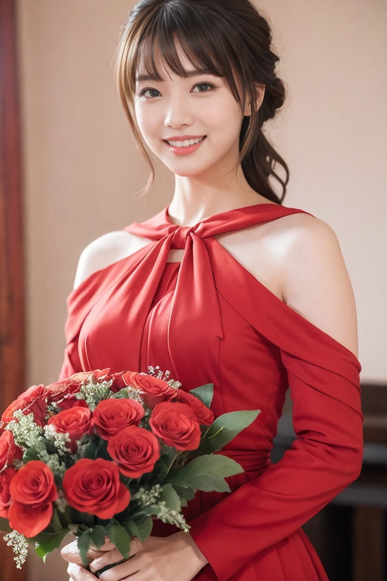 Medium view, medium shot, Depth of bounds written, bust, Upper body, cinematic angle, masterpiece, highest quality, Super detailed, cg, 8k wallpaper, beautiful face, delicate eyes, maiden, alone, smile, bangs,  Holding a bouquet of flowers, red dress, bow, petal