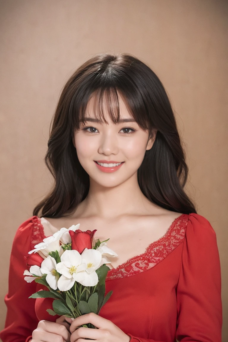Medium view, medium shot, Depth of bounds written, bust, Upper body, cinematic angle, masterpiece, highest quality, Super detailed, cg, 8k wallpaper, beautiful face, delicate eyes, maiden, alone, smile, bangs, Holding a bouquet of flowers, red dress, bow, petal