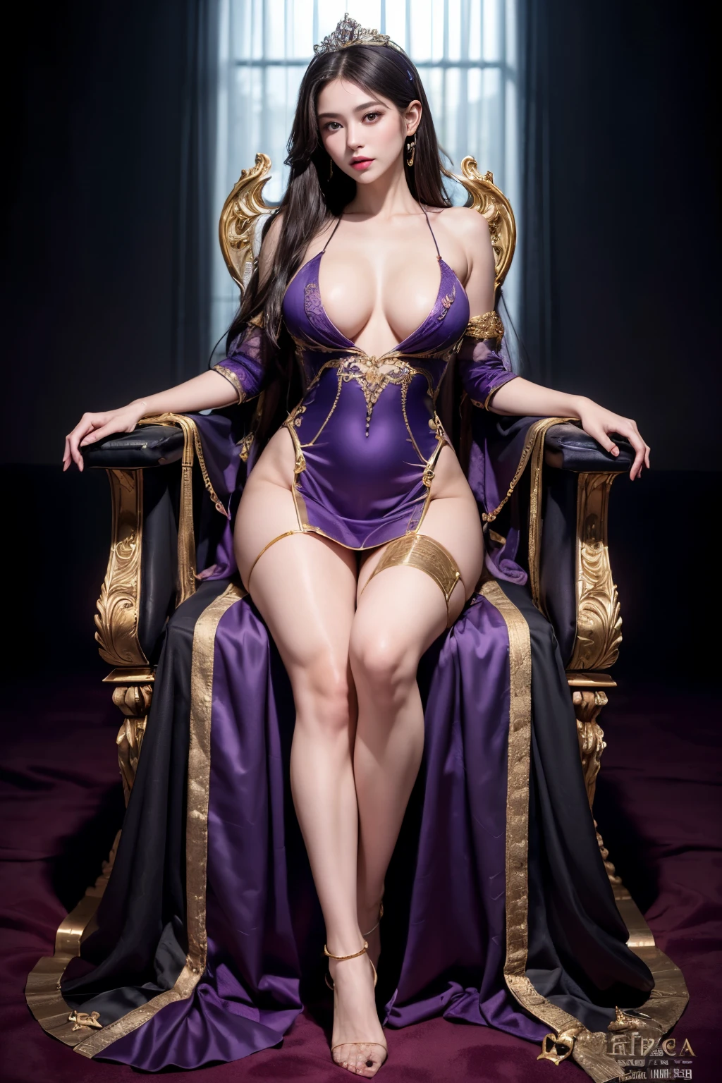 masterpiece, highest quality, realistic, 1 girl, palace audience room, Sitting on a throne with legs open, purple mesh dress with gold embellishments, princess, beautiful long hair, big ass, realistic美しいlegs, Clothes with a wide open chest, stockings, nipple protrusion, My whole body is sticky with body oil, trained body, abs, professional lighting, glowing skin, Full body photo up to the toes