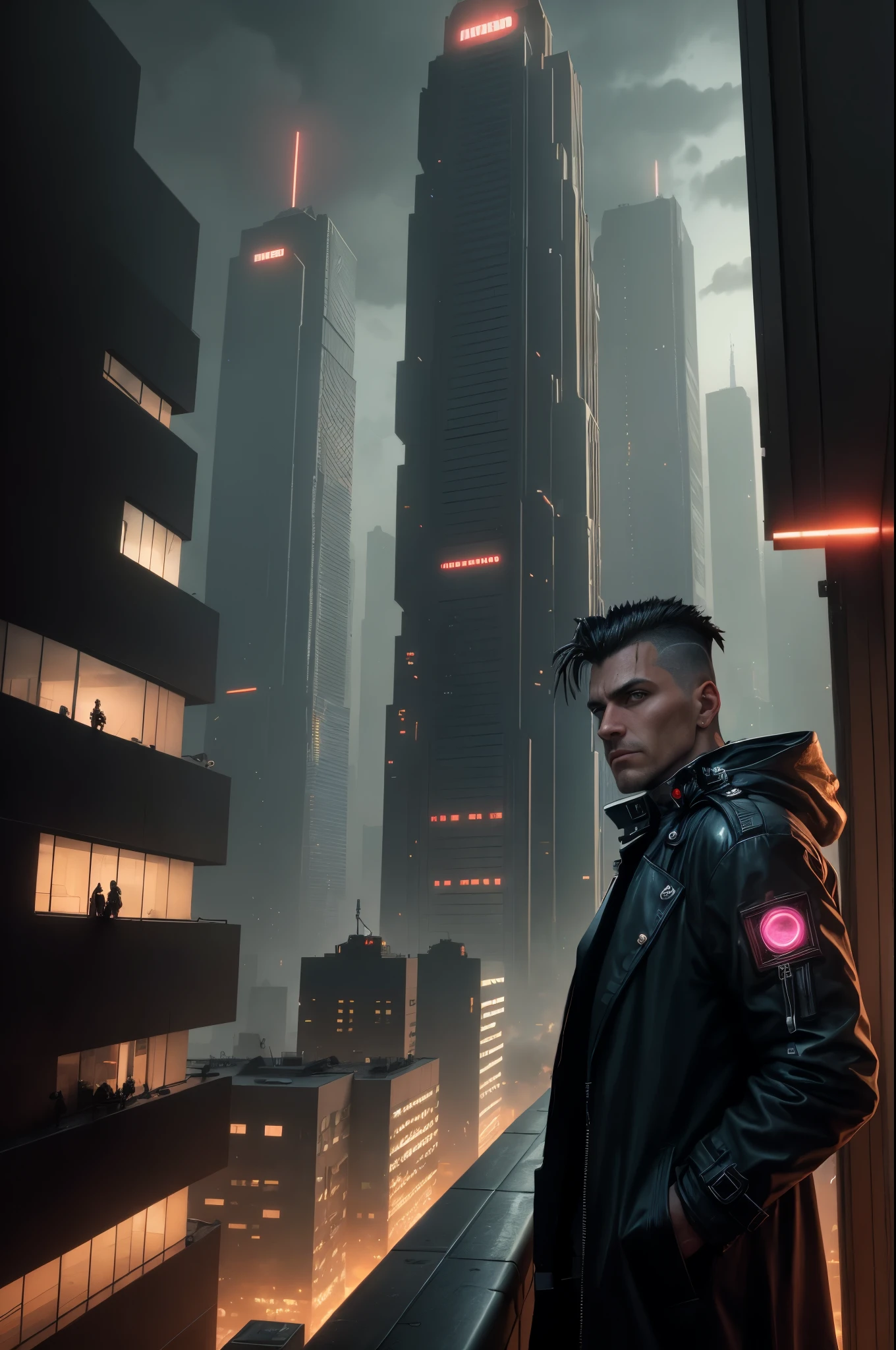 A man, cyberpunk, 45 years old, brown eyes, black hair, shaved on the sides, combed back, unshaven, wearing a dark trench coat with the collars turned up. Hands in his pockets, He is on top of a building watching the skyline at night of the cyberpunk city below in the background. He is leaning against the parapet of a building, Background futuristic cyberpunk make it realistic, Blade Runner, A super technological city with tall buildings, Buildings illuminated with colored lights, fundo escuro,8k, ultra hd 