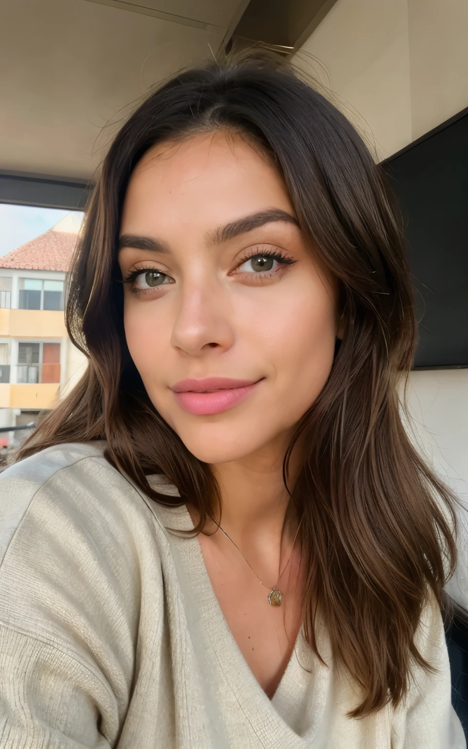 Beautiful brunette with blonde highlights wearing a beige sweater (In a café drinking soda), Very detailed, 22 anos, Rosto inocente, cabelos ondulados naturais, olhos azuis, high resolution, master part, best quality, Alto detalhe intrincado, altamente detalhado, Crisp Focus, pele detalhada, textura de pele realista, textura, olhos detalhados, profissional, 4k, sorriso encantador, filmado na Canon, 85 millimeters, profundidade de campo rasa, Cor Kodak Vision, corpo de ajuste perfeito, extremamente detalhado, fotografia_\(Ultra\), photoreallistic, Realista, Post-processing, maximum details, rugosidade, vida real, Ultra realista, fotorrealismo, fotografia, 8k UHD, fotografia