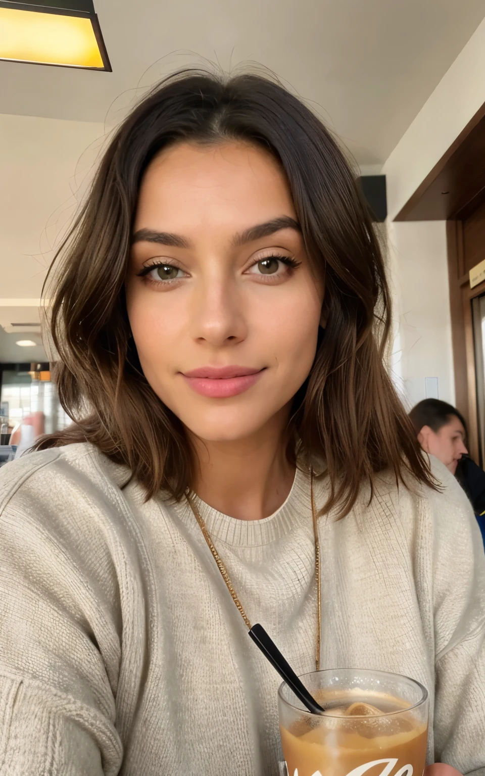 Beautiful brunette with blonde highlights wearing a beige sweater (In a café drinking soda), Very detailed, 22 anos, Rosto inocente, cabelos ondulados naturais, olhos azuis, high resolution, master part, best quality, Alto detalhe intrincado, altamente detalhado, Crisp Focus, pele detalhada, textura de pele realista, textura, olhos detalhados, profissional, 4k, sorriso encantador, filmado na Canon, 85 millimeters, profundidade de campo rasa, Cor Kodak Vision, corpo de ajuste perfeito, extremamente detalhado, fotografia_\(Ultra\), photoreallistic, Realista, Post-processing, maximum details, rugosidade, vida real, Ultra realista, fotorrealismo, fotografia, 8k UHD, fotografia