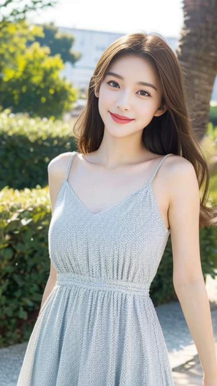 (((Yumikanok))),((Best quality, 8k, Masterpiece :1.3)), 1girl, smiling, full body, slim face, Pretty woman, (Dark brown hair), full white length dress :1.1, Ultra-detailed face, Detailed eyes, Double eyelid, blur background, slim face, night city, outside, street,