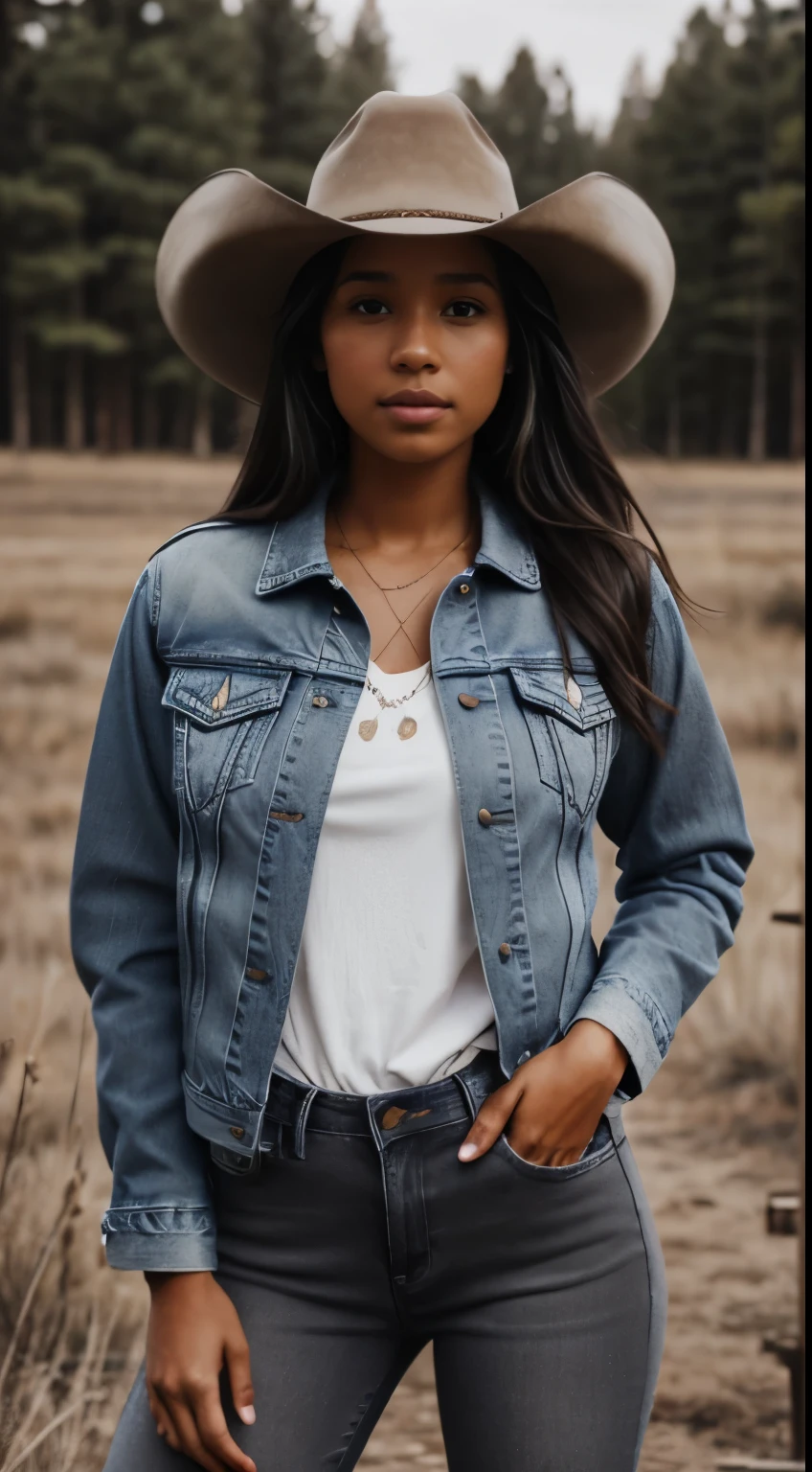 Foto hiperrealista en primer plano de Kelsey Asbille (native American ((light dark skin))) wearing dirty cloths (jeans jacket:1.1) and (blue pants:1.1), (boots:1.2), (cowboy hat) on the ranch, grey day, cinematic light, beautiful woman, skinny, large big breasts, black long hair, detailed face, facing the camera, photo taken from a distance, age of 25 years old, camera filter on pastel gray colors,, grey filter on camera
