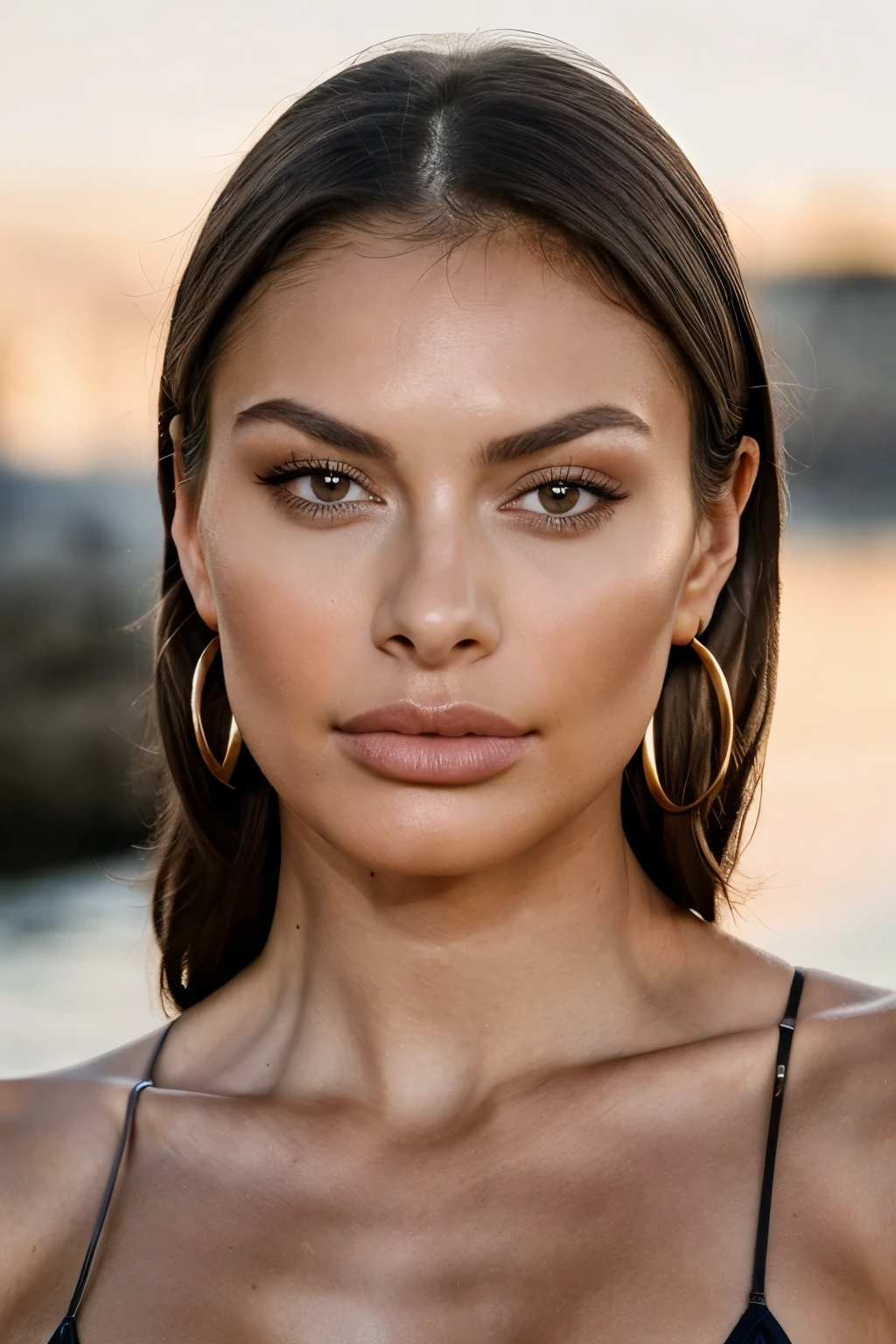 beautiful brunette woman, (26 years old, sedutive look), wearing a gold hoop earrings(full body), she has big pouty lips with lip filler, defined cheekbones and is wearing some blush. she has smouldering sexy eyes and is wearing eye makeup. Her nose is thin and small. She has a toned physique and has breast implants d size.she is 5'2 tall. closed mouth with pouty lips, masterpiece, beste-Qualit, Ultra-detailed, (Look at the viewer: 1.2) (skin texture) (film grains: 1.3), (warm hue, warm tone: 1.2), cinematiclight, sidelighting, extra high resolution, better shadow, upper body, mini bikini