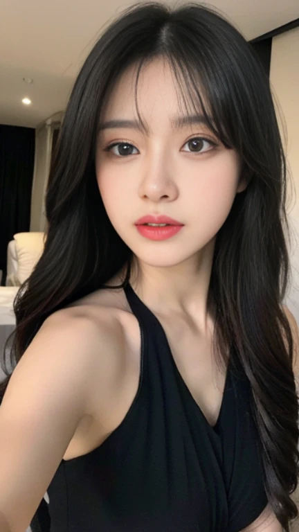 Pixiv artwork,Handsome girl,Oval face,big eyes,long eyelashes,Have bangs,Cool and handsome,Domineering,Beautifully(Realistic style),Ultimate face,Photorealistic light and shadow,starry eyes,She wears long loose black hair and reaches her waist,(flowing hair)Sparkling jewelry,(黑色星空back景),上半身back景,Wearing a black wedding dress,shoulder,back,facing the camera,beauty,Extremely high quality,Cinematic graphics,High quality CG,8K resolution。sexy,full