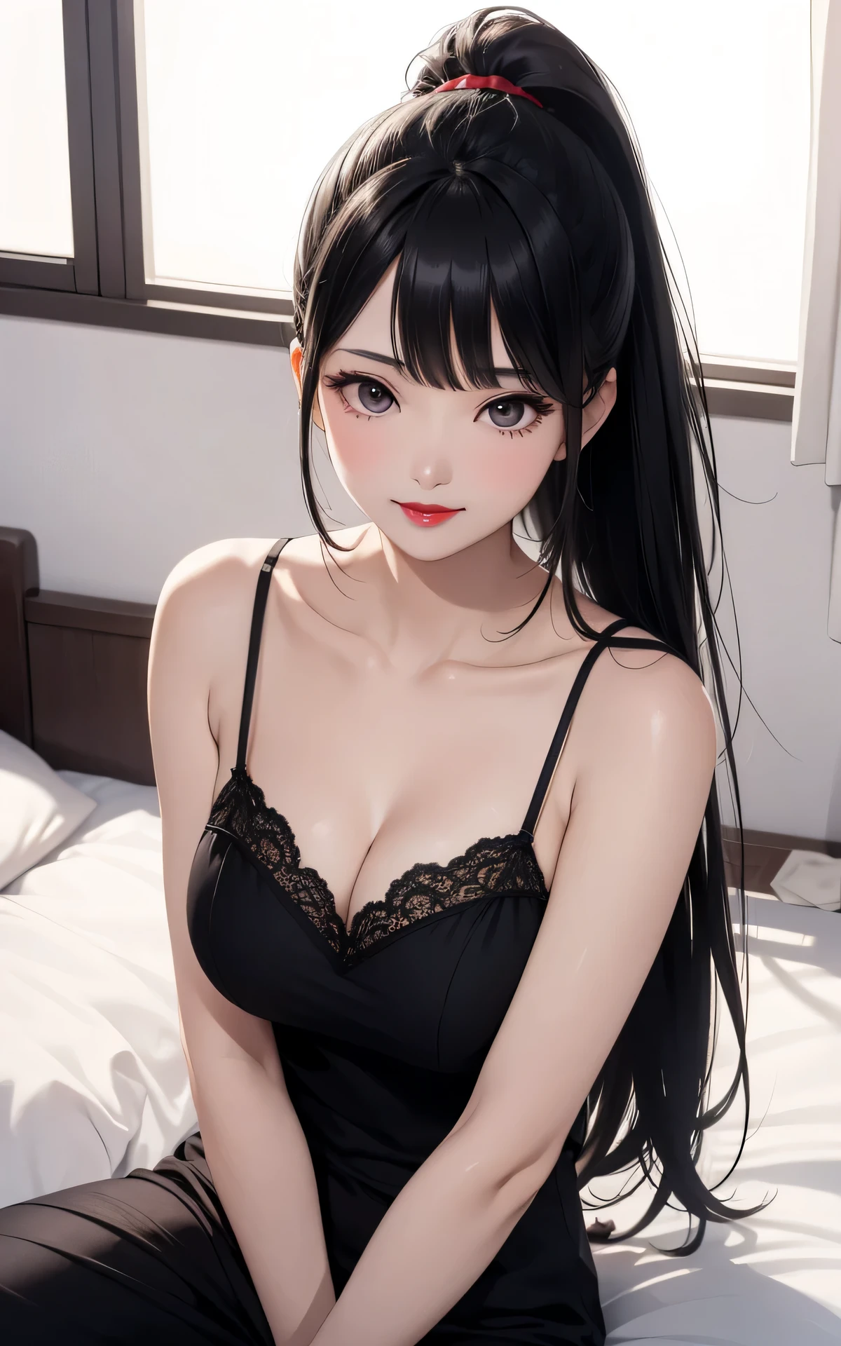(45year old,Red lips、ponytail:1.3、full body、1woman)、 absurderes、Flat Lighting、realisticlying、ultra-detailliert、bright colour、beautiful detailed eyes、perfect eyes、detailed hair、(black hair、jet black eyes)、Delicate beautiful face,A sexy,Bed,Camisole Set、smile、 dramatic angle、forehead、blunt bangs
