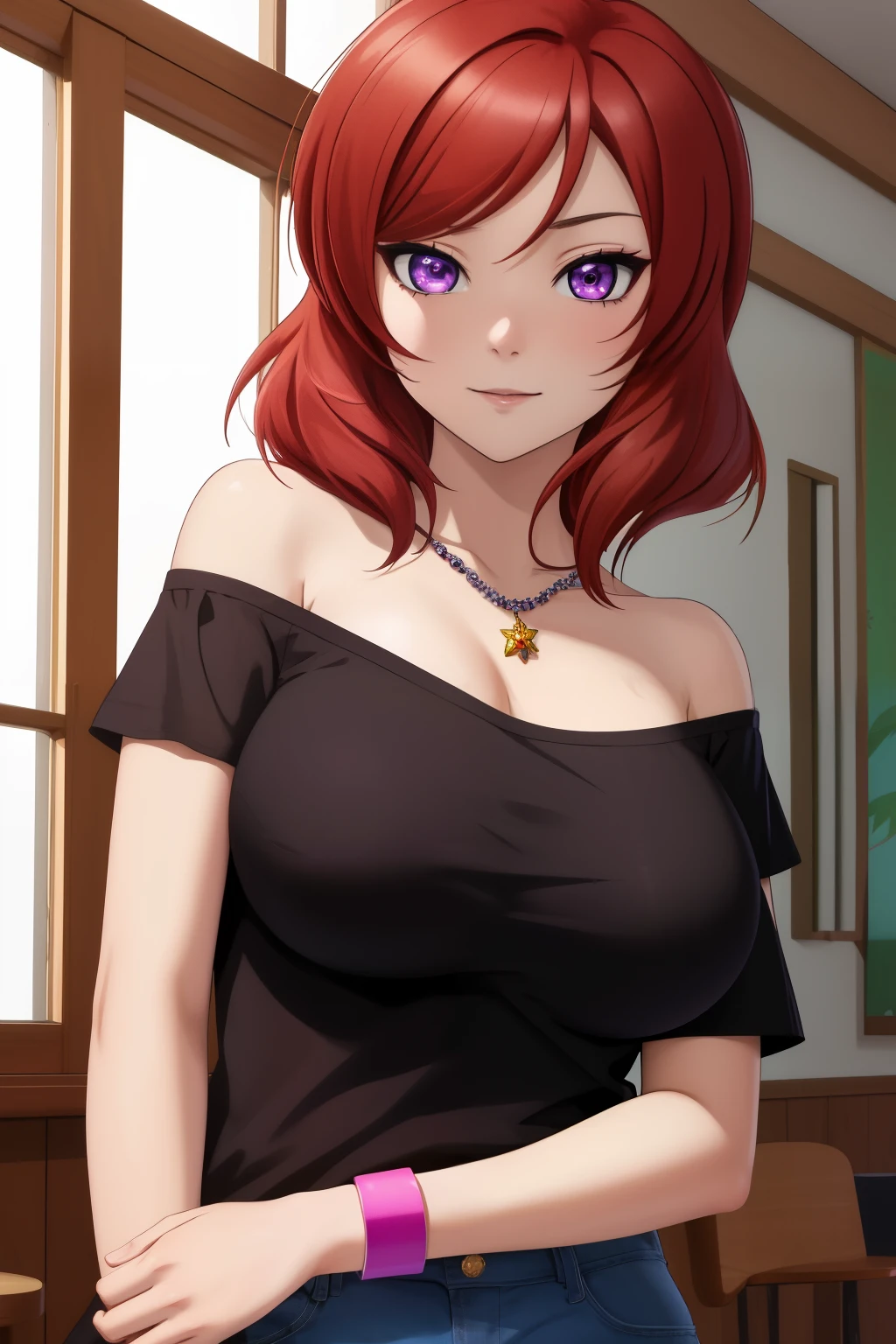 masterpiece, best quality,8k wallpaper, nishikino maki,off shoulder t-shirt,skart, necklace,wrist band , purple eyes ,big breasts 