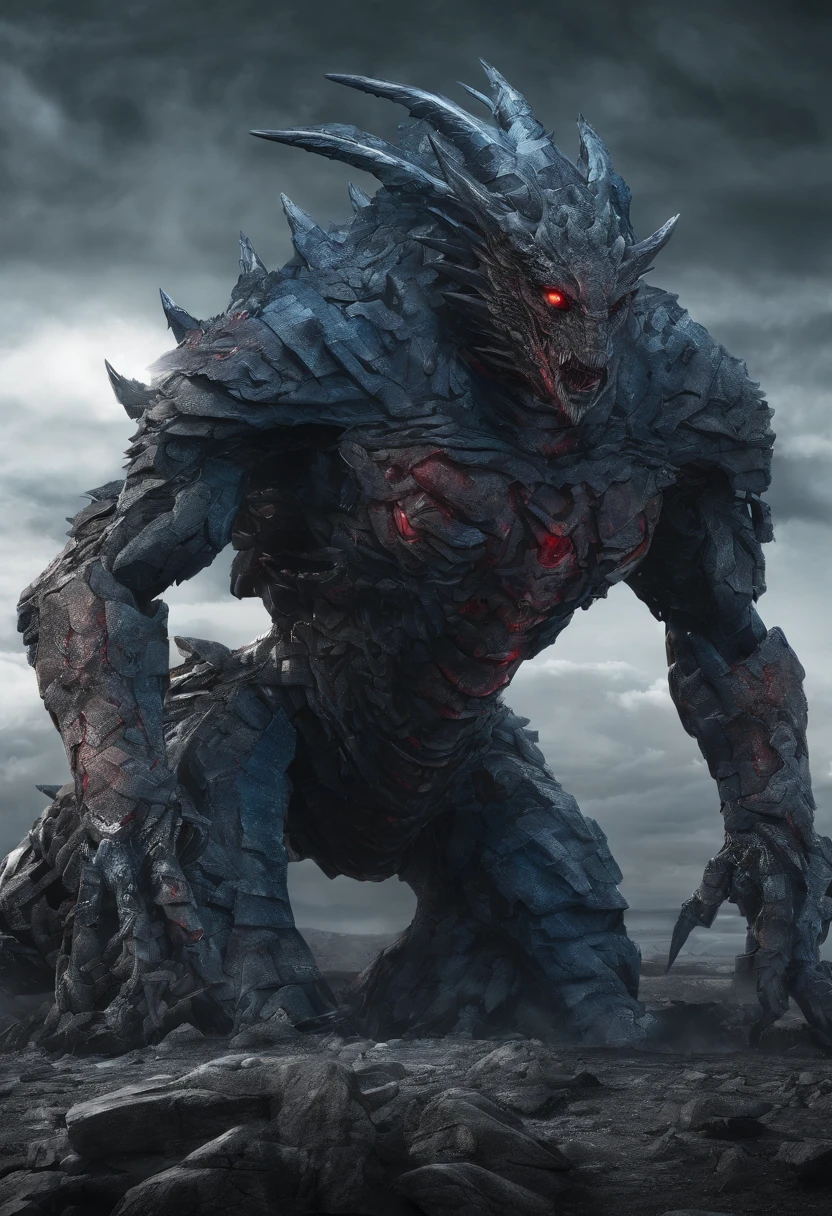 Stone monster, Ruby Eyes,lumpy arms,Stone Texture, blue core on chest,dragon, Dark and moody colors, High resolution artwork, Photorealistic style