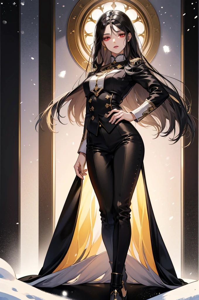 A woman with long straight black hair, sharp and piercing red eyes, skin white as snow, small flushed lips, small face, cold and reserved expression, has an ethereal look, hourglass body, tall.Wearing a long black and gold fitted uniform with long black pants.