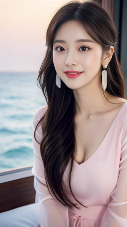 8K resolution,best picture quality,sea view,high-rise,The seaside at dusk,The sea is choppy,Backlight,fashion girl,Loose black hair,Hair up,smooth hair,feather hair accessories,There are collarbones,Beautiful fine light makeup,Exquisite and perfect facial features,The most beautiful big eyes,long eyelashes,Sweet with lying silkworms,Baby pink lip stain,earrings,Sweet smile,Wearing a light pink transparent light pink shirt,Perfectly proportioned body,Ultra-detailed background painting,dynamic angle,Ultimate picture quality,highest precision