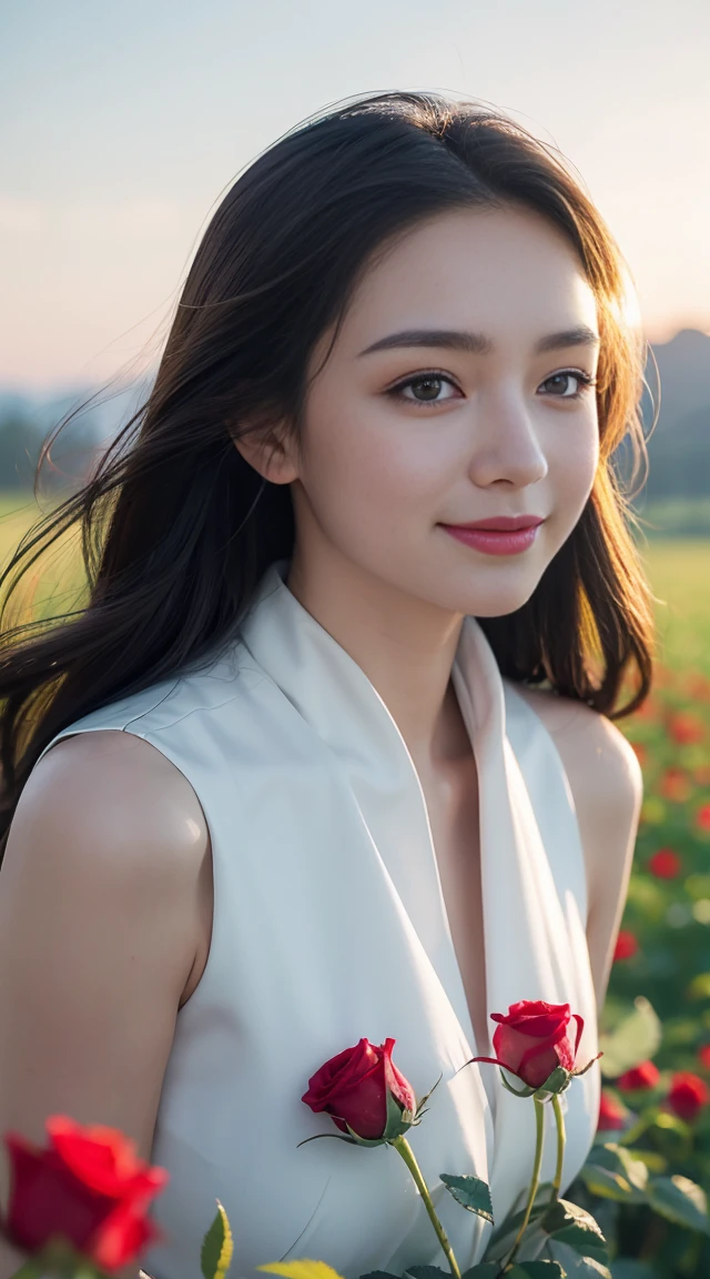 Vistas, in a panoramic view, Perspective, Depth of field, Bust, Upper body, Movie Angle, Masterpiece, Best quality, Ultra detailed, CG, 8K wallpaper, Beautiful face, Delicate eyes, A maiden, Solo, Smile, Silver hair, Golden eyes, Fair skin, Hairline, Red scarf, White evening dress, Rose field, Red flowers, rosette, flower field, petals, flying petal, Smiling